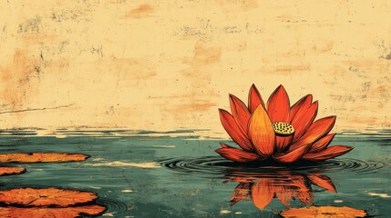 Retro illustration of a broken lotus floating on water