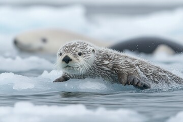 Sea Otter Swimming in Icy Water with Blurry Background