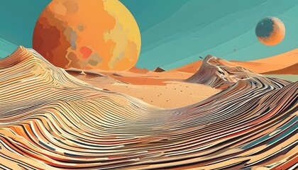 Abstract Digital Wave Patterns in a Desert Landscape Illustration