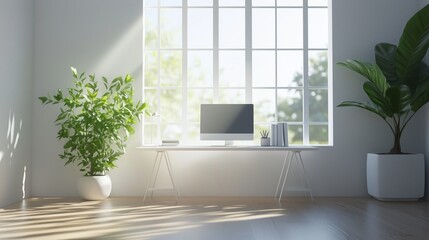 Canvas Print - Bright and airy workspace with computer, plants, and large windows letting in natural light in a modern office setting