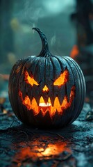 Canvas Print - Halloween pumpkin glowing on a spooky porch at night