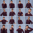 © JordaanExams/peopleimages.com - Man, portrait and studio montage with confidence, expressions and unique different faces. Collage, series and model from Brazil with creative and gesture option and choice with blue background