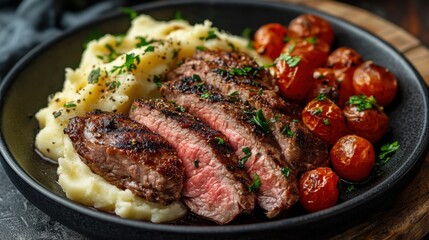 Poster - savory meat and potatoes, succulent meat slices paired with creamy mashed potatoes make a delectable and comforting meal, perfect for any occasion