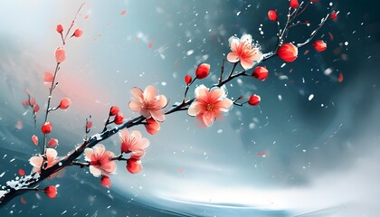 Wall Mural - Abstract digital snow landscape with ink plum blossoms, perfect for illustration and poster backgrounds