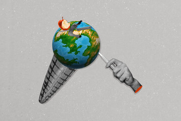 Sticker - Poster banner advert collage of person hold cone with polluted earth