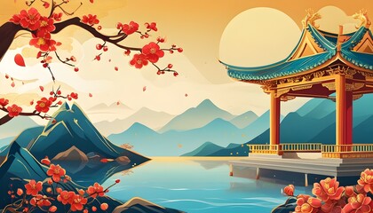 Wall Mural - Elegant illustration of traditional golden green mountain pavilions amidst a serene landscape, perfect for a captivating poster background