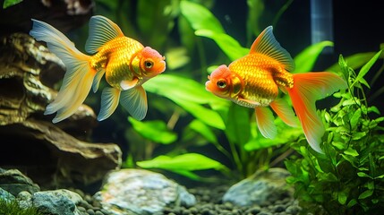 Goldfish thrive in freshwater aquariums adorned with lush green plants, creating a vibrant and natural tropical ambiance. 