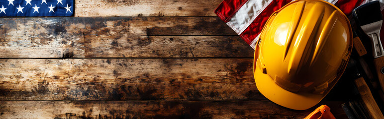 Canvas Print - American National Holiday. US Flags with American stars, stripes and national colors. Construction and manufacturing tools on wooden background. Labor day background concept.