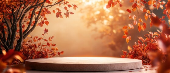 Wall Mural - A serene autumn scene featuring a circular platform surrounded by vibrant fall foliage, bathed in warm golden light