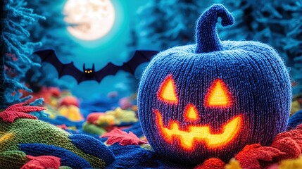 Knitted halloween pumpkin glowing in a spooky forest at night