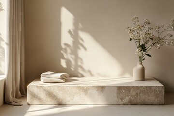 Wall Mural - A serene interior scene featuring a minimalist stone platform, a vase of flowers, and soft natural light casting gentle shadows on a beige backdrop