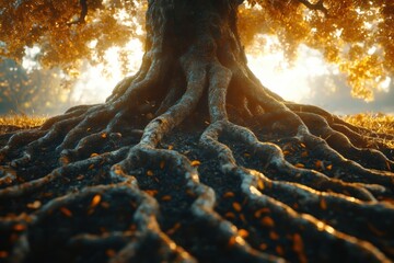 Wall Mural - A majestic tree with intricate roots illuminated by warm sunlight, surrounded by autumn leaves, creating a serene and enchanting atmosphere