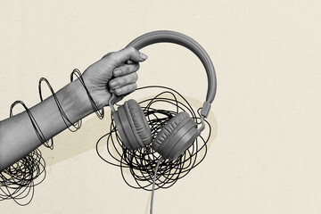 Wall Mural - creative picture collage human hand hold headphones digital device drawing doodles music listener me