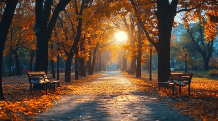 Wall Mural - Sun shining through trees in autumn park at sunrise