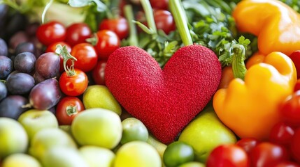 A vibrant assortment of fresh fruits and vegetables with a red heart at the center, symbolizing love for healthy eating.