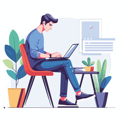 Wall Mural -  man working on his laptop, vector illustration