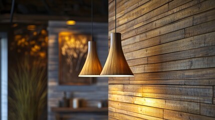 Overhead, two wooden lamps hang from the ceiling, one casting a warm glow. Set against a wooden wall, they complement the rustic ambience of the room. 