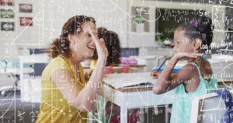 Sticker - Animation of mathematical equations over biracial female teacher with diverse schoolchildren