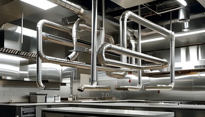 Sleek stainless steel pipes and ducts enhancing the polished ambience of a professional industrial kitchen environment