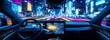 © Train arrival - futuristic self-driving taxi car navigating through a vibrant neon-lit cityscape at night. Interior view focuses on high-tech LED dashboard, glowing softly with intuitive controls and navigation panel