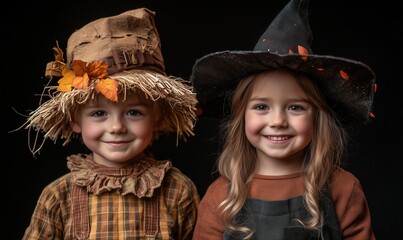 Two smiling children in close-up, dressed in Halloween costumes — a boy as a scarecrow with a straw hat and a girl as a witch with a black pointy hat.