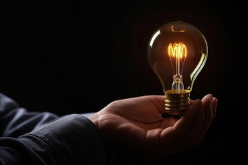 Hand holding a glowing light bulb in the dark, symbolizing innovation and creativity