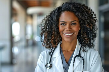 confident Black female doctor smiling in a hospital setting, highlighting diversity in healthcare and promoting mental health awareness through telemedicine and wellness practices.