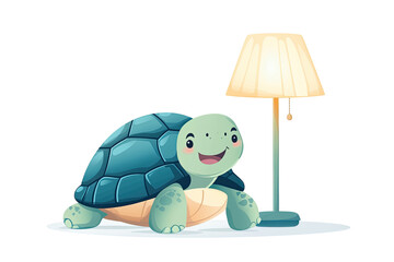 Wall Mural - Charming cartoon of a smiling turtle beneath a lamp in a vibrant, minimalist illustration. Perfect for children’s media and educational resources.