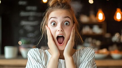 Wall Mural - A surprised woman with hands on her cheeks, expressing shock or excitement in a cozy cafe setting with warm lighting.