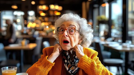 An elderly woman shows shock and surprise in a cozy cafe setting, showcasing authentic emotions and candid expressions.