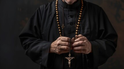 Image of a priest's hands holding rosary beads, symbolizing faith, devotion, and religious commitment.