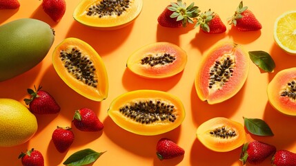 Wall Mural - A minimalistic flat lay of Vitamin C-rich fruits like papaya, guava, and strawberries, with a vibrant orange backdrop