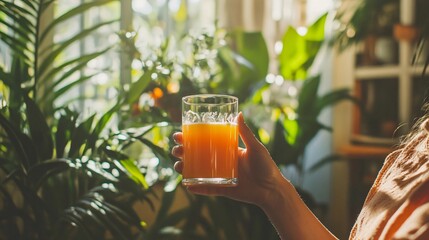 A person holding a glass of orange juice while sitting in a sunlit room filled with lush plants, emphasizing the health benefits of Vitamin C