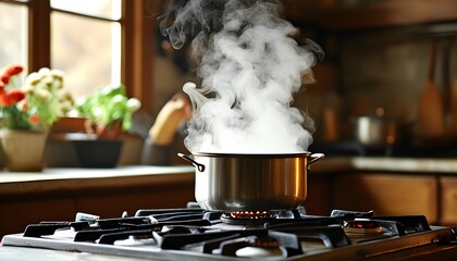 Inviting kitchen ambiance with rising steam from a pot, exuding warmth and the comforting aroma of home-cooked meals