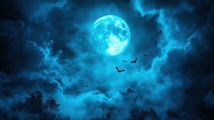three bats flying under a big blue full moon in a cloudy night sky