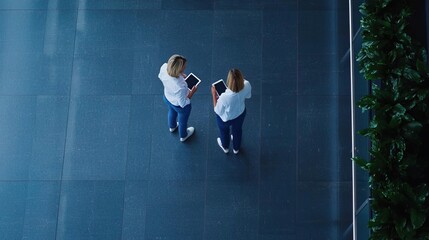 Two professionals engage in a discussion while using tablets in a modern office space, showcasing teamwork and technology.