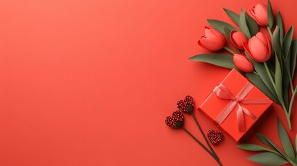 Sticker - Red Tulips, Gift Box, and Hearts on a Red Background