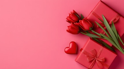 Sticker - Valentine's Day Gifts with Red Tulips and Heart on Pink Background