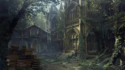 Canvas Print - Overgrown Gothic Architecture: A Forgotten Library