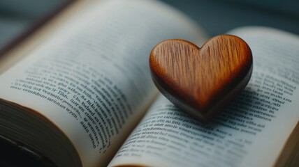 A small wooden heart placed delicately inside an open book, creating a cozy and thoughtful scene