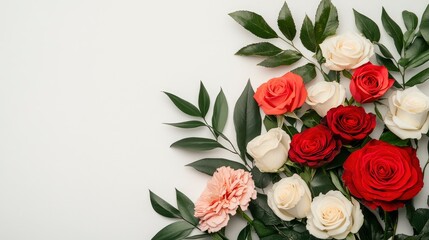 Poster - Colorful Roses and Greenery Arrangement on White Background