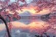 © Yuliia - stunning shot of Mount Fuji looming in the background, captured as the sun sets over a serene lake with cherry blossoms in full bloom.
