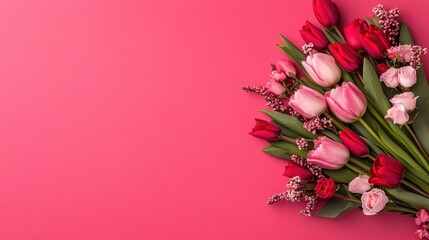 Poster - Pink and Red Tulips and Roses Bouquet on Pink Background