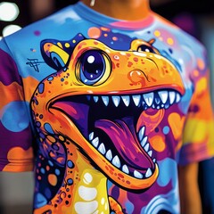 Sticker - A colorful graphic t-shirt featuring a playful dinosaur design with vibrant patterns.