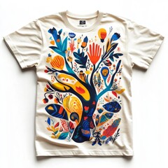 Poster - A colorful graphic t-shirt featuring a stylized tree with vibrant flora and fauna designs.