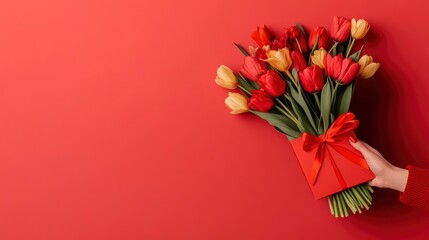 Sticker - Red and Yellow Tulips Bouquet in a Red Gift Box