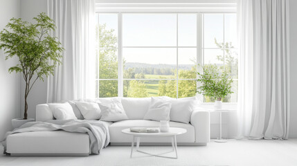 A bright, white room with a comfortable sofa and a view of a summer landscape outside the window. This Scandinavian-style interior is beautifully designed.