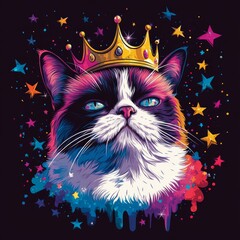 Canvas Print - A colorful illustration of a cat with a crown, surrounded by stars and vibrant colors.