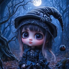 Wall Mural - Cute little witch doll wearing a big witch hat standing in a spooky forest at night