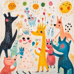 Sticker - A colorful illustration of joyful animals and a child celebrating with flowers and sunshine.